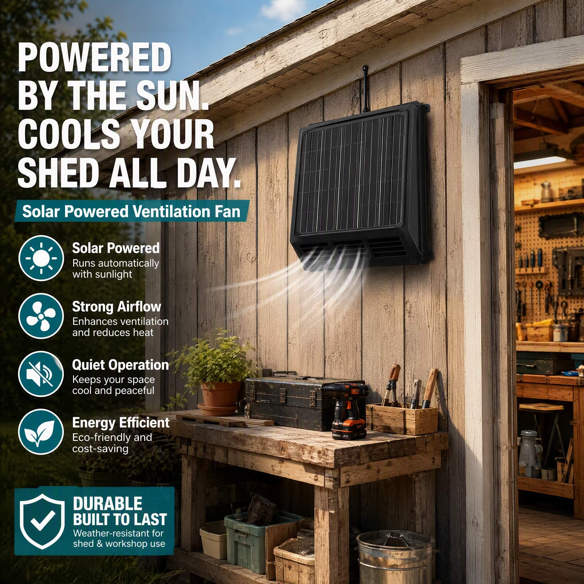 Solar powered ventilation fan cooling a shed workshop