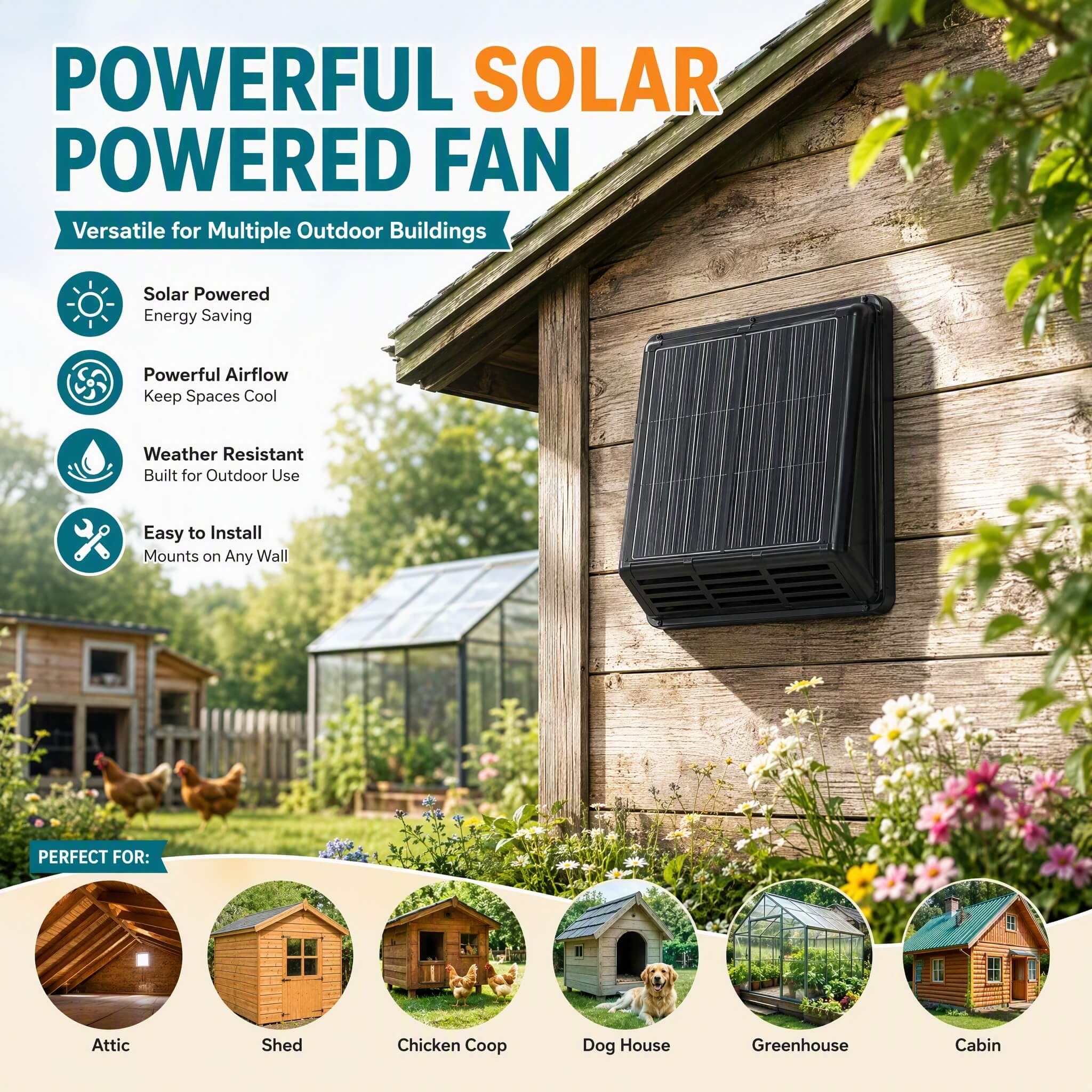 One solar powered fan for attic, shed, chicken coop, dog house, greenhouse and cabin