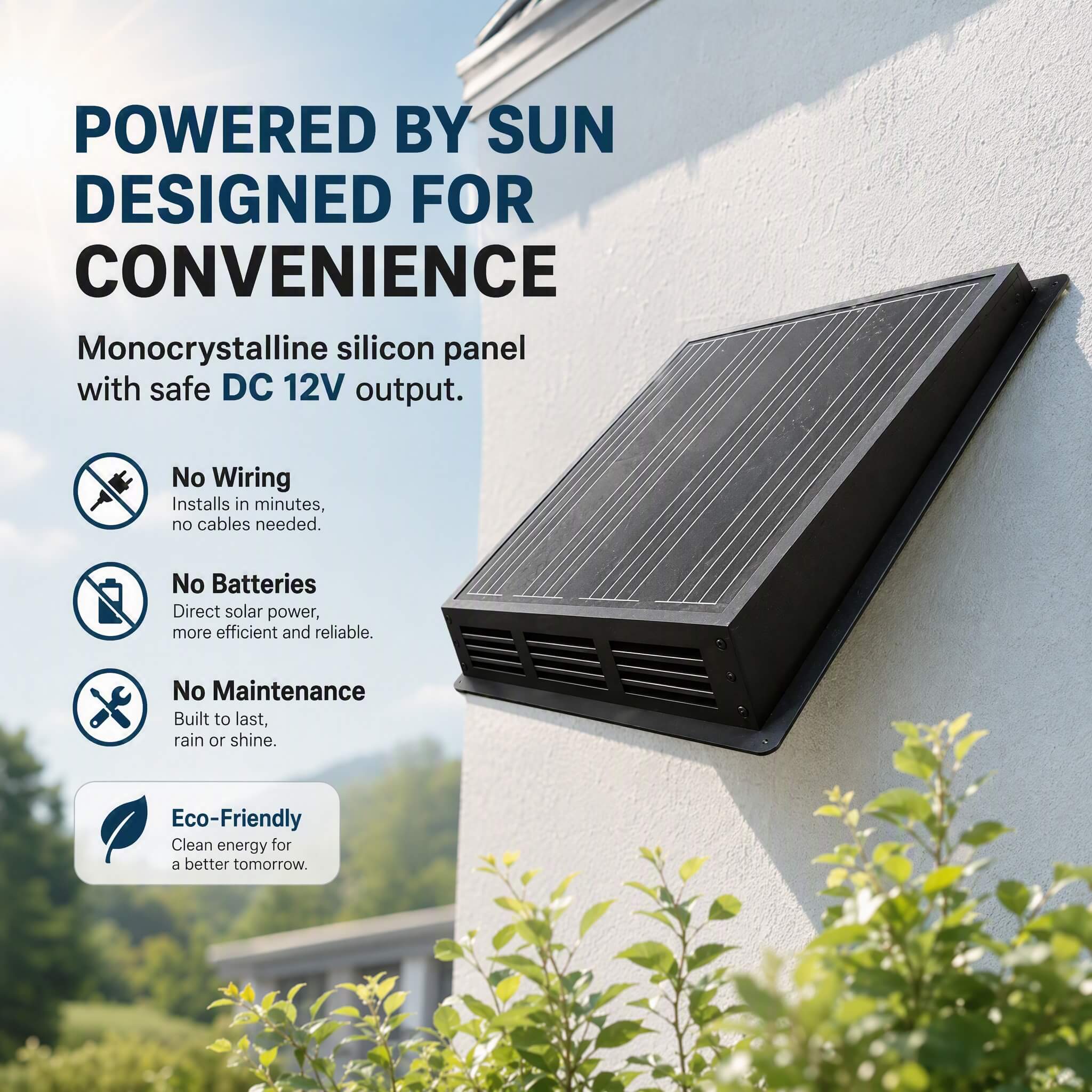 Monocrystalline silicon solar panel with safe DC 12V output