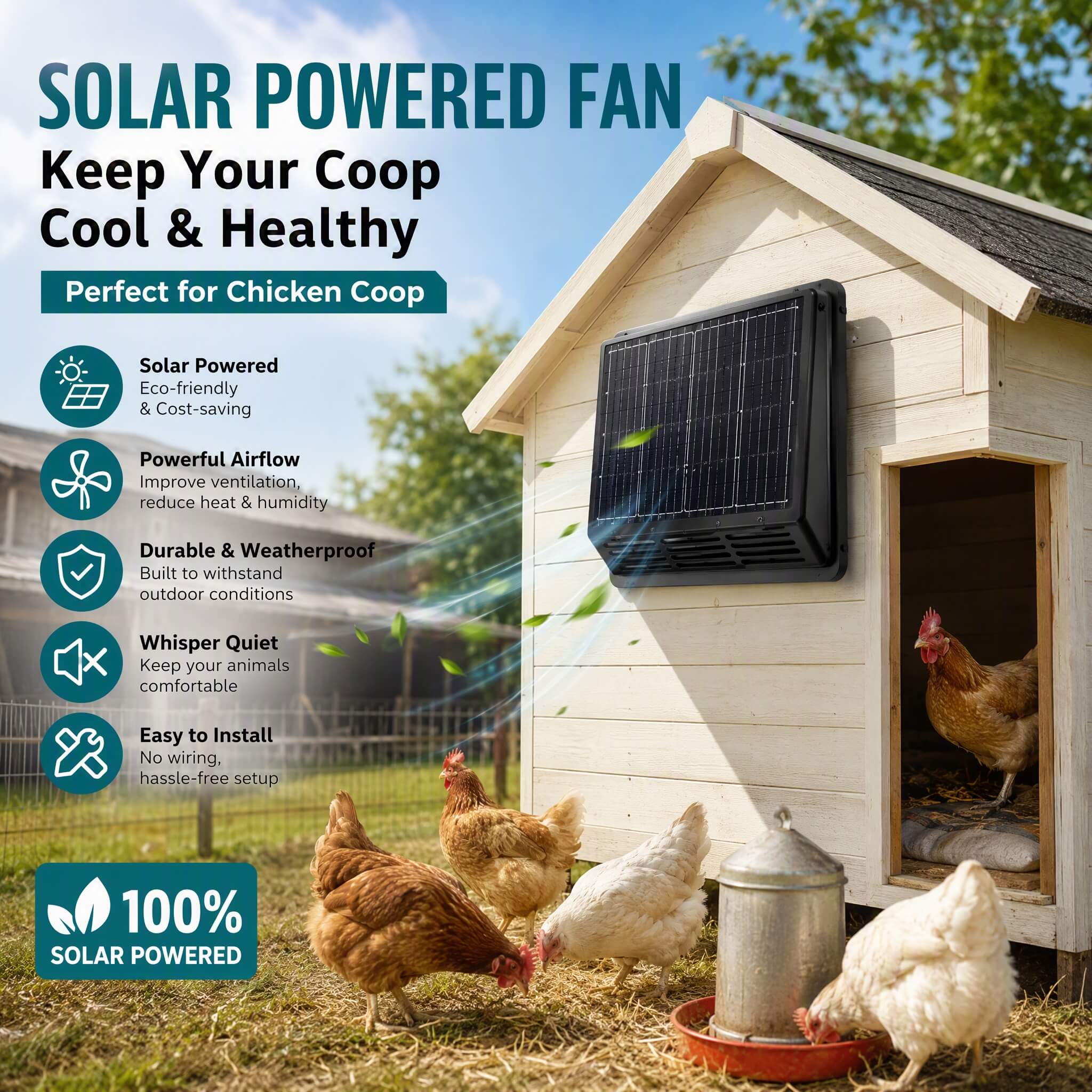 Solar powered fan ventilating a chicken coop