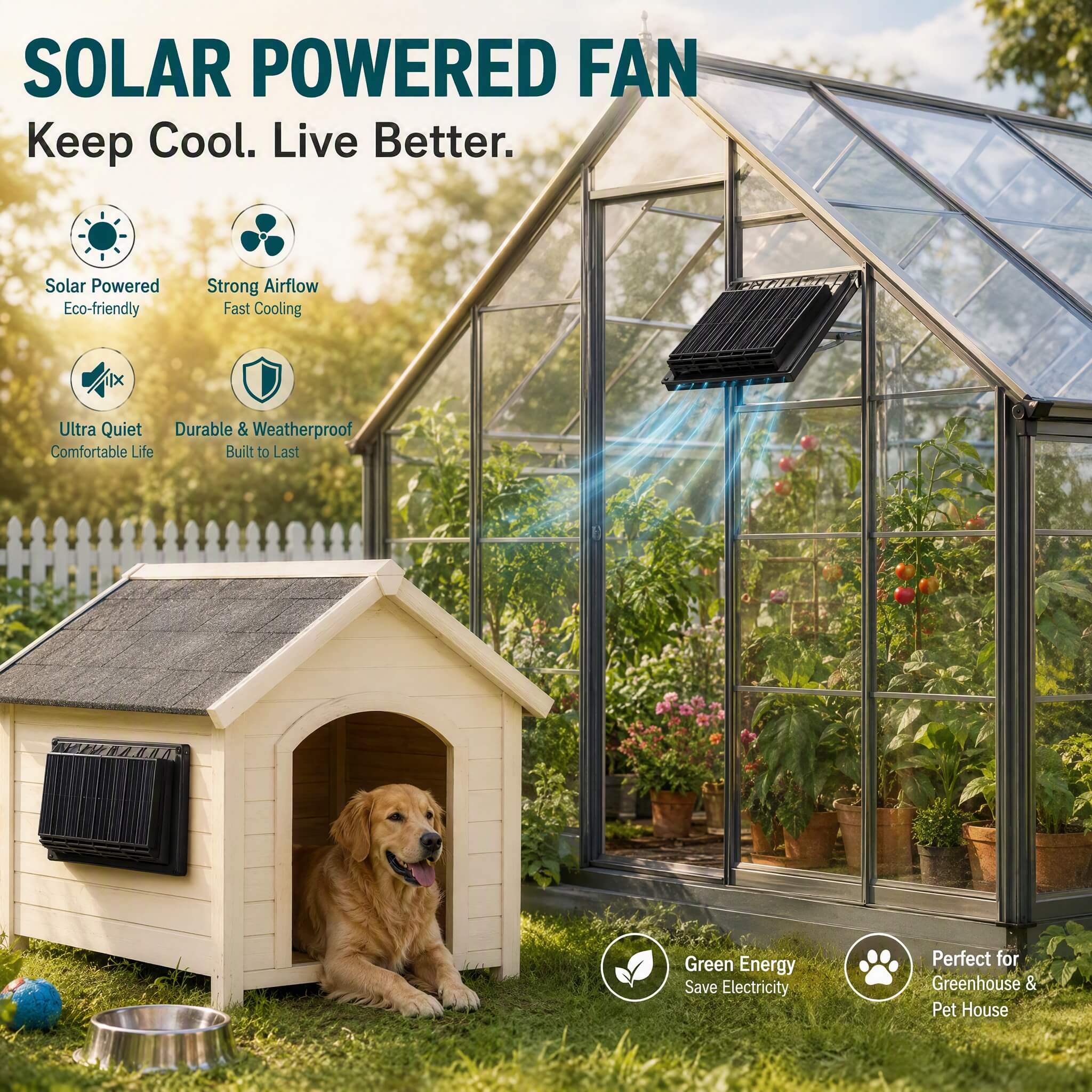 Solar powered fan keeping a dog house and greenhouse cool
